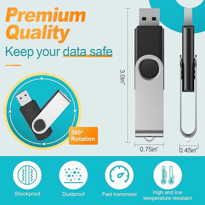 Kepmem Thumb Drive 2GB 10 Pack USB Flash Drives Bulk USB 2.0 Memory Stick 2 GB Silver U Disk Swivel Pendrive Metal Jump Drive Portable Zip Drives Data Storage with 10pcs Ropes
