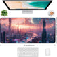 Digital Anime City Night View Office Art Desk Mat, Female Aesthetic Style Oversized Stitched Edge Laptop Keyboard Desk Mat 35.4 x 15.7 x 0.12 Inches