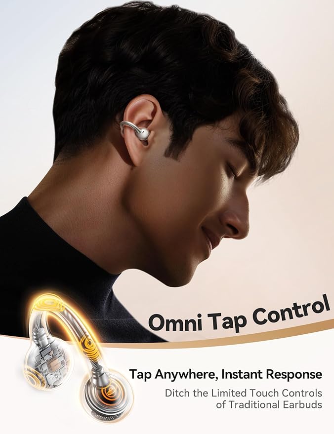 JOYROOM OE3 Open Ear Earbuds, Wireless Clip On Earbuds Headphones, Auto L-R Recognition, Omni Tap Control, Immersive Sound, Ultra-Light 4.9g Fit, Comfortable for Workouts and Daily Use, (Silver White)