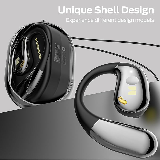 Monster Open Ear AC360, Wireless Bluetooth Rotary Earphone, with Lanyard, Upgraded Bluetooth 6.0, Touch Control, 24h Long Battery Life, IPX5 Waterproof,Long-Lasting Wear Without Fatigue（Black）