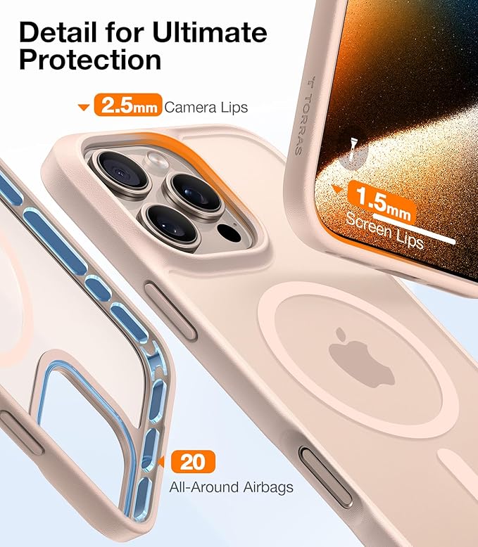 TORRAS Magnetic Shockproof for iPhone 16 Pro Max Case, [4X Military-Grade Protection] [Compatible with MagSafe] Translucent Desert Titanium White | Magnetic, Shockproof, Translucent