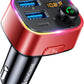 Syncwire Bluetooth 5.4 FM Transmitter Car Adapter 48W (PD 36W & 12W) [Light Switch] [Hi-Fi Deep Bass] [Fast Charge] Wireless Radio Music Adapter LED Display Hands-Free Calling Support USB Drive, Red