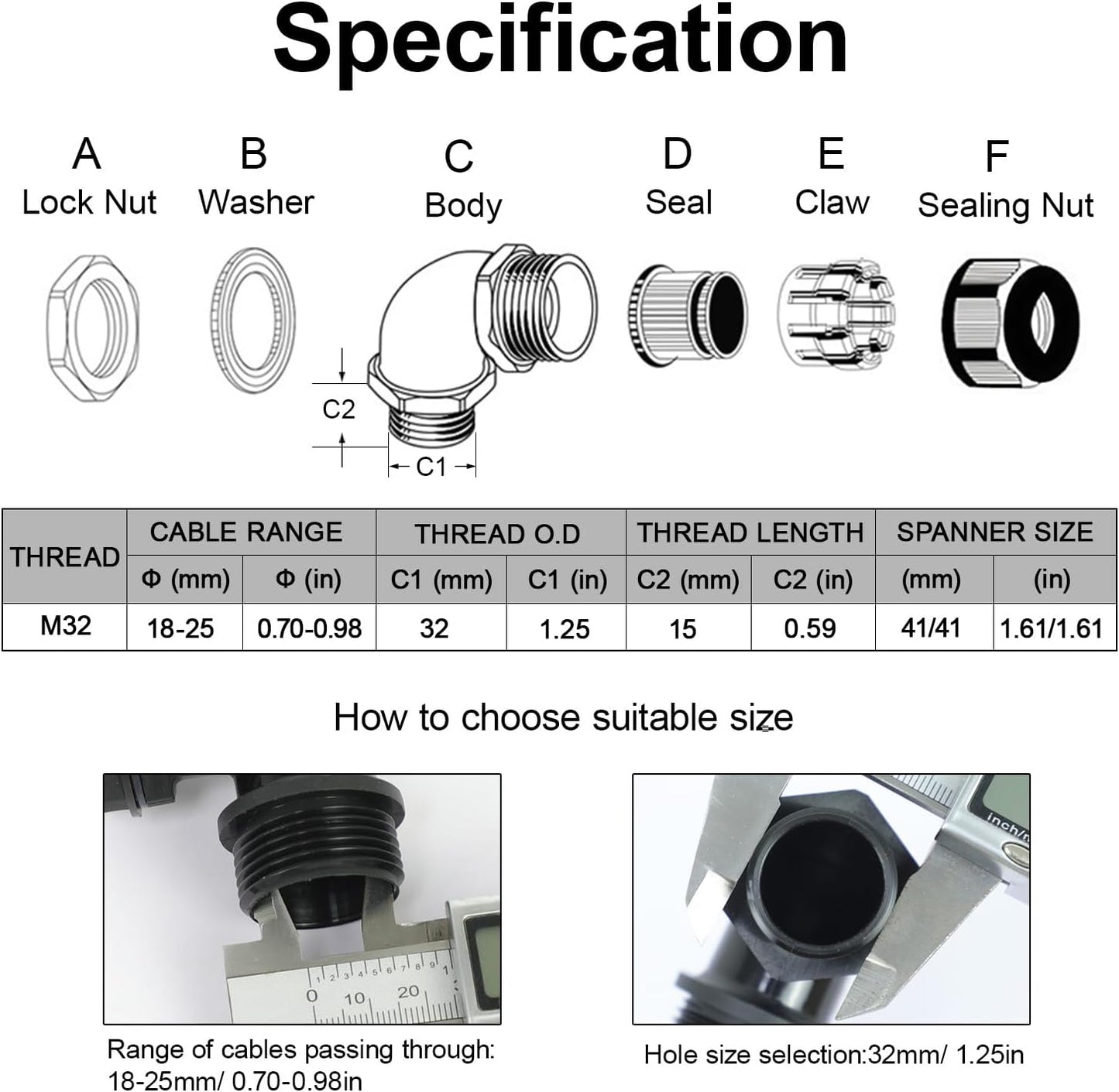 LeMotech M32 Cable Gland, 90 Degree Adjustable 18-25mm Strain Relief, Cord Connectors Nylon Joints with Gaskets, 2 Pcs, Black