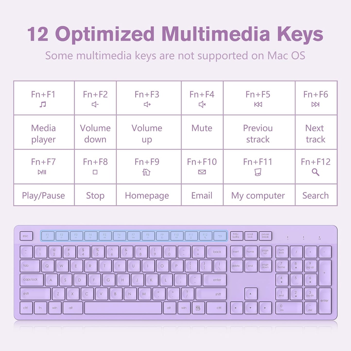 LeadsaiL Purple Wireless Keyboard, 2.4GHz Full-Sized Ergonomic Computer Keyboard, Cordless Noiseless Keyboard,12 FN Shortcuts for Windows MacOS Laptop Computer
