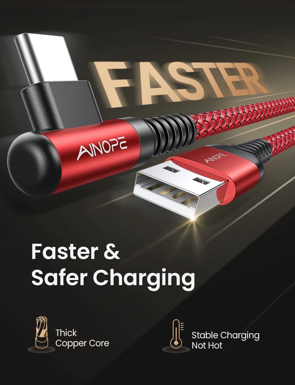 AINOPE USB C Cord 3.1A Fast Charge, [2-Pack, 6.6ft] Type C Charging Cable Right Angle, Resistant Nylon Braided USB-A to USB-C Charge Compatible Galaxy S10 S9 S8 Plus S21, V30,V20,G6, Type C Charger
