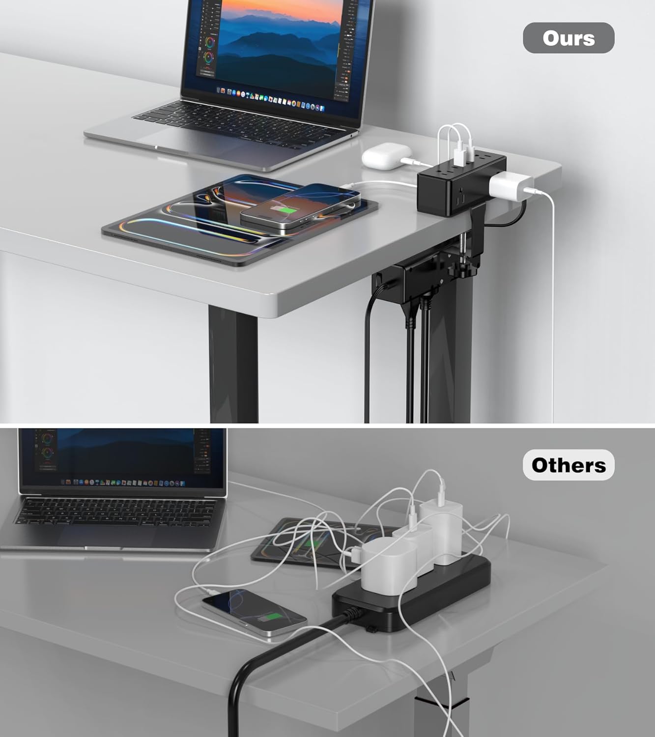 Dual Layer Desk Clamp Power Strip, 19 in 1 Desktop Edge Mount Surge Protector with 4 USB Ports(2 USB-C) & 15 AC Outlets, Ultra Thin Flat Plug & 15FT Power Cord for Office Home(ETL Listed)