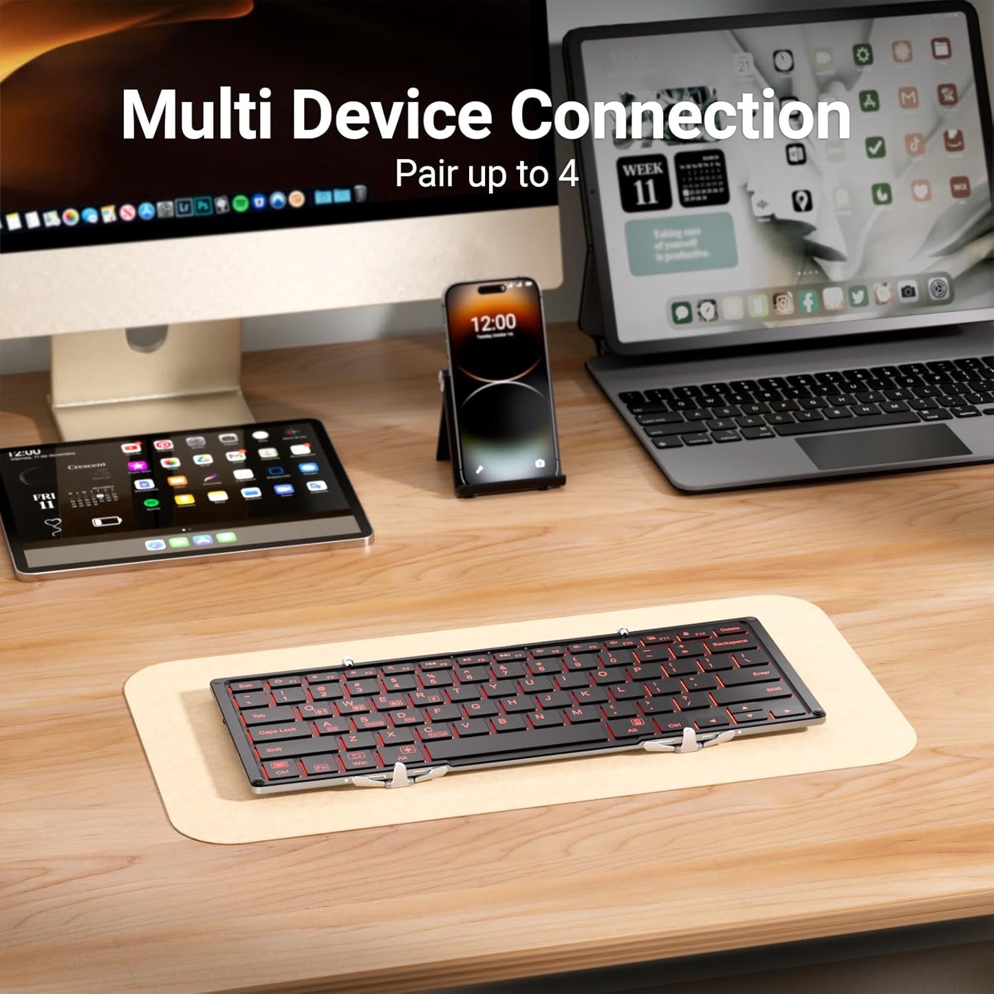 iClever Backlit Foldable Keyboard, BK05 Wireless Folding Keyboard with Backlight, Portable Bluetooth Key Board for Travel, Compact for iPad Tablet Laptop PC Smartphone, Support 4 Devices