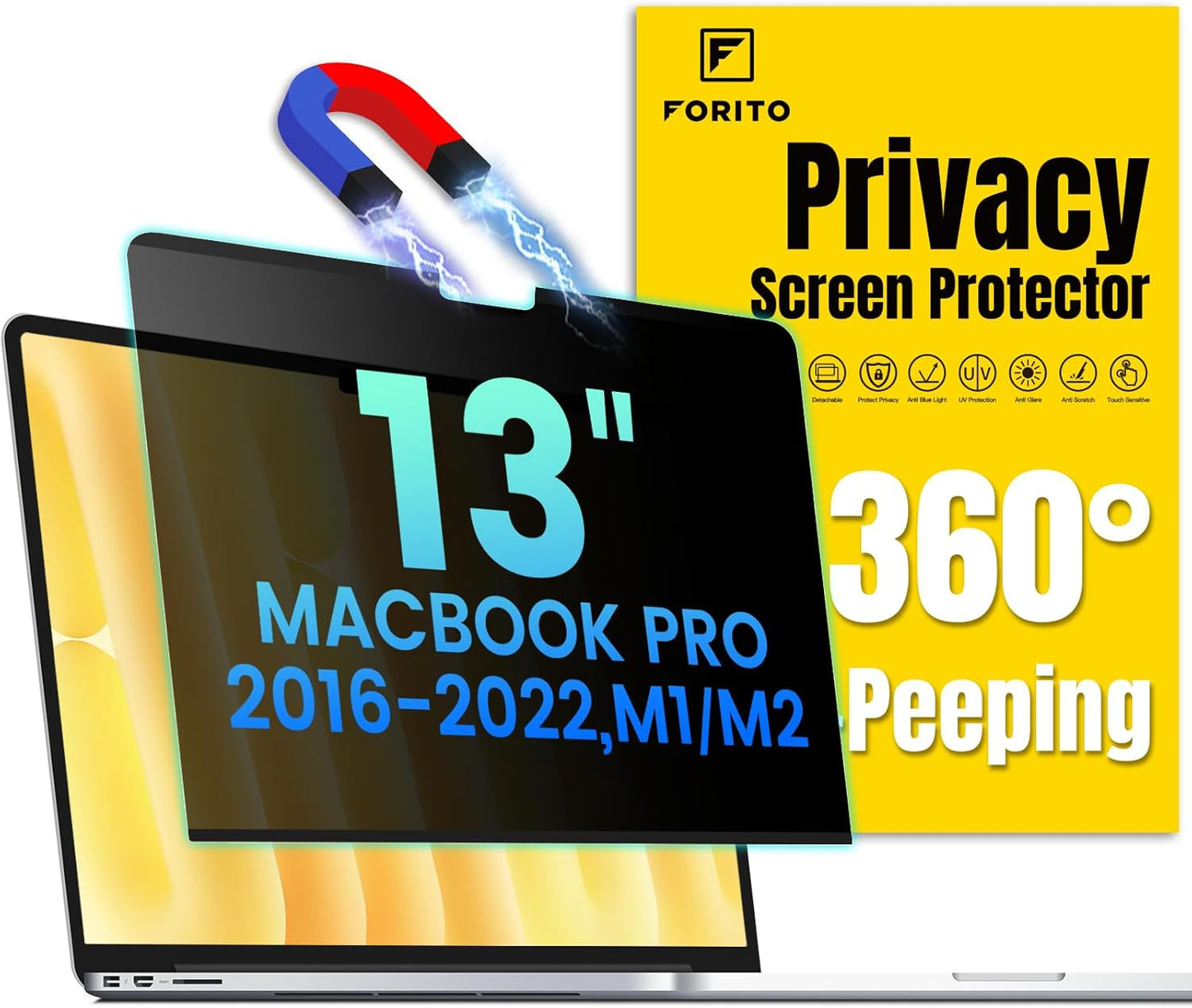F FORITO Magnetic Privacy Screen Protector Compatible with MacBook Pro 13 inch (2016, 2017, 2018, 2019, 2020, 2021, 2022, M1, M2), Removable 360° Anti Peeping Anti Blue Light Laptop Privacy Shield