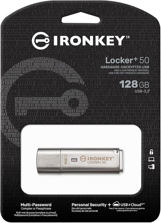 Kingston Ironkey Locker+ 50 128GB Encrypted USB Flash Drive | USB 3.2 Gen 1 | XTS-AES Protection | Multi-Password Security Options | Automatic Cloud Backup | Metal Casing | IKLP50/128GB