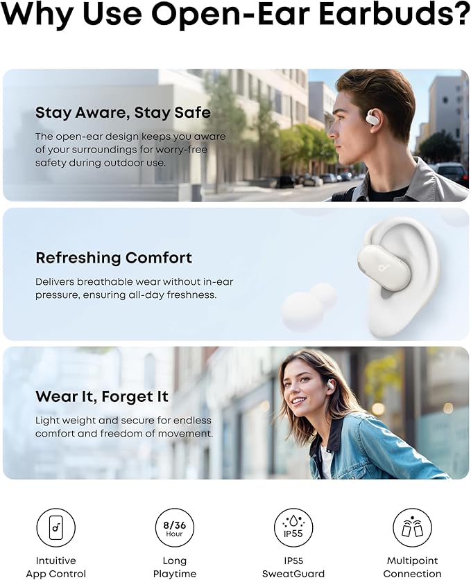 Soundcore V20i by Anker Open-Ear Headphones, Adjustable Ear Hooks, Ultra-Comfort, Snug Fit, Powerful Sound, Clear Calls, IP55, 36H Playtime, Bluetooth 5.4 Wireless Earbuds, Multipoint Connection