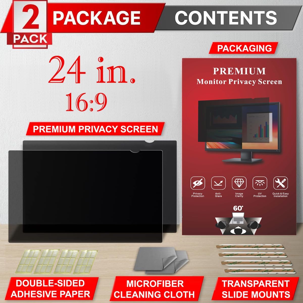 [2 Pack] 24 Inch Privacy Screen Filter for Widescreen 16:9 Monitor | Privacy Shield | Anti-Glare | Anti-Blue light Protector | Eye Protection | Computer Security Private Filter