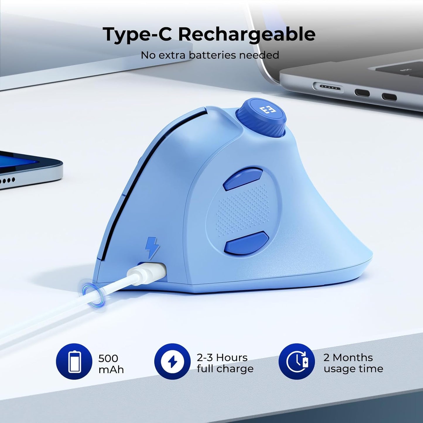 seenda Ergonomic Mouse Rechargeable, USB+Dual Bluetooth, MOU-302 Vertical Wireless Mouse with Volume Knob, Quiet Clicks, Multi-Device Cordless Mice Compatible for Windows, PC, Laptop, Mac OS, Blue
