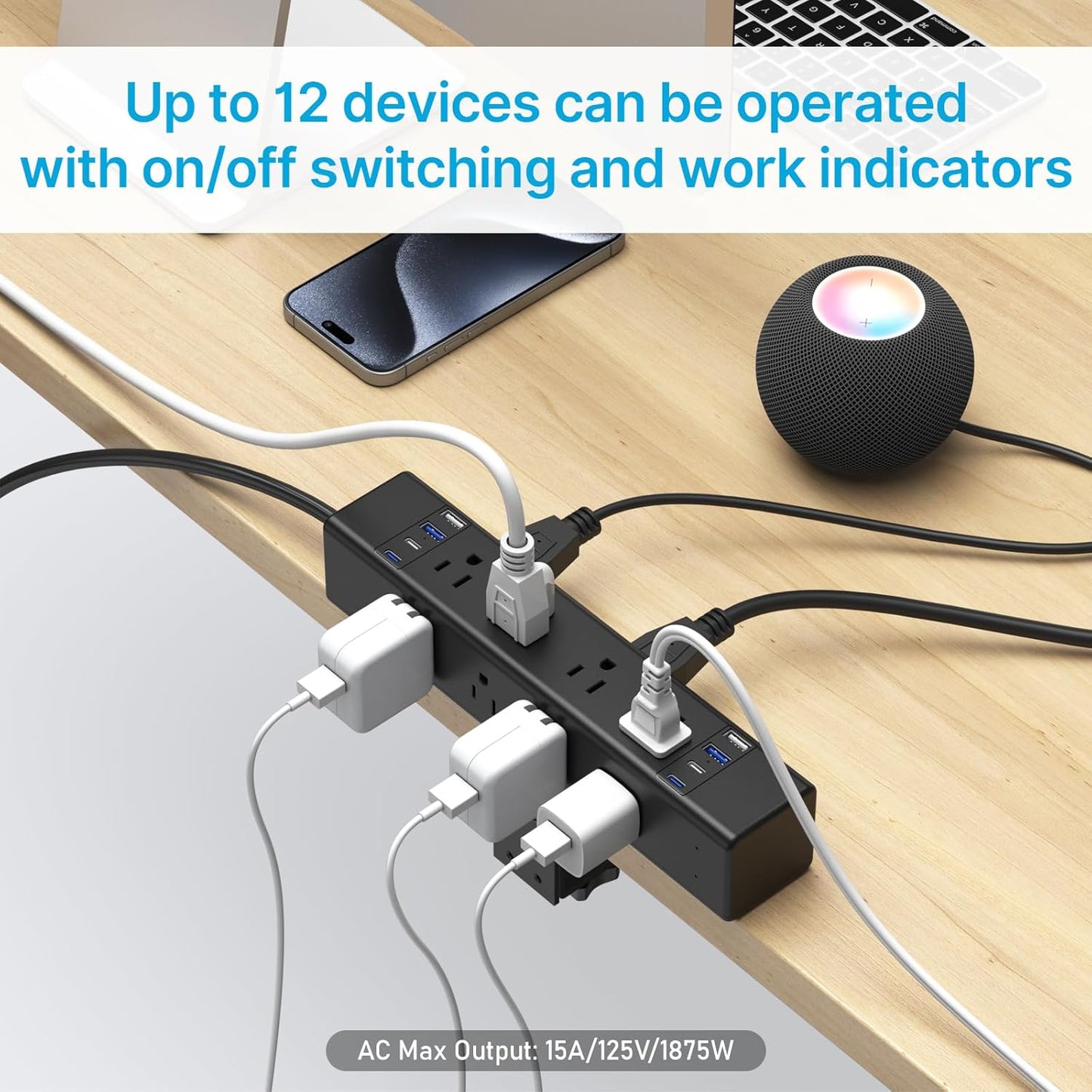 CCCEI Desk Outlet Station 20W USB C Port. 12 Outlet Desktop Clamp Power Strip Surge Protector 4800J with Switch. Nightstand Office Standing Desk Accessories, Fit Thicker Table Edge or Screw Mount, 6FT