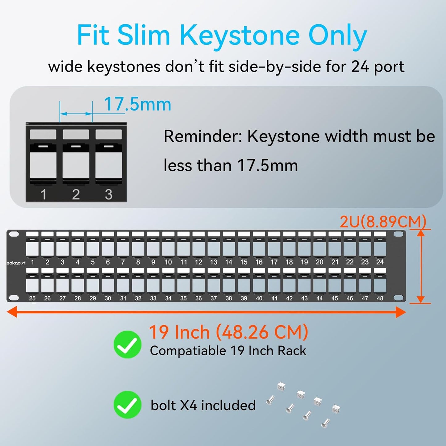 48 Port Blank Keystone Patch Panel with Snap-in Design, Cat6 Network Patch Panel 2U 19 inch, Rack Mount Ethernet Patch Panel (for Slim Keystone Only)