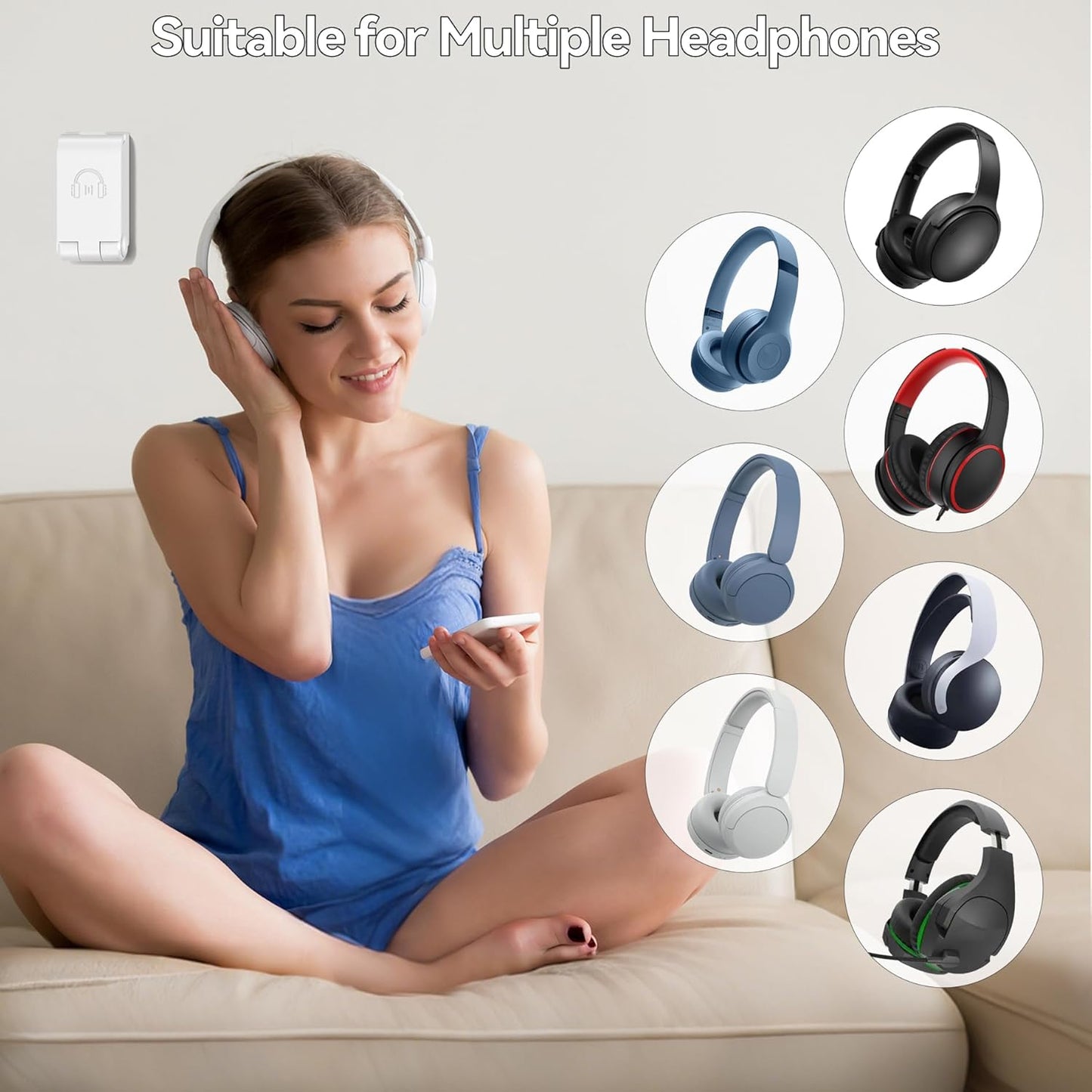 Headphone Stand, Wall Mount Headset Hanger, Gaming Headphone Holder Hook Clip, Foldable Headset Stand Desk Holder for PC Earphone Accessories, White(1 Pack)