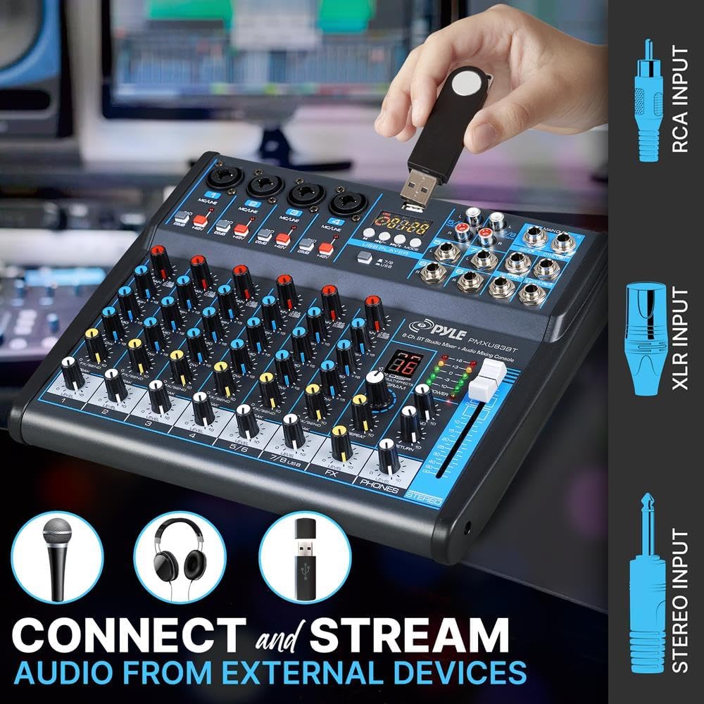 Pyle Professional Audio Mixer Sound Board Console Desk System- Interface 8 Channel Digital USB Bluetooth MP3 Computer Input 48V Phantom Power Stereo DJ Studio FX 16Bit DSP Processor, Black - PMXU83BT