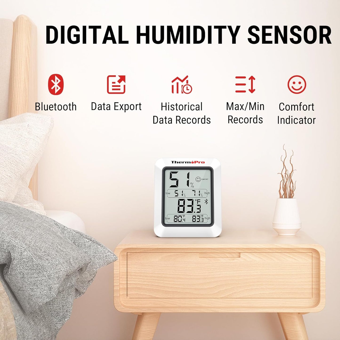 ThermoPro Hygrometer Thermometer for House TP350, Bluetooth Room Indoor Greenhouse Thermometer Monitor Up to 260FT, Backlit Humidity Meter Temperature Sensor with 2-Year Data Export