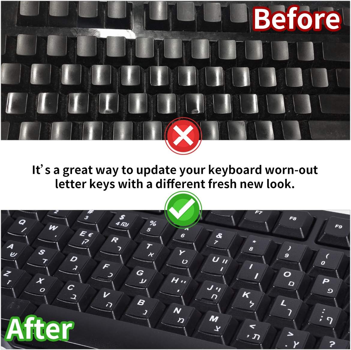 Hebrew-English Keyboard Stickers - 2PCS Replacement Letters for Computer, Laptop, Notebook, Desktop - White Font on Black Background, Matte Alphabet