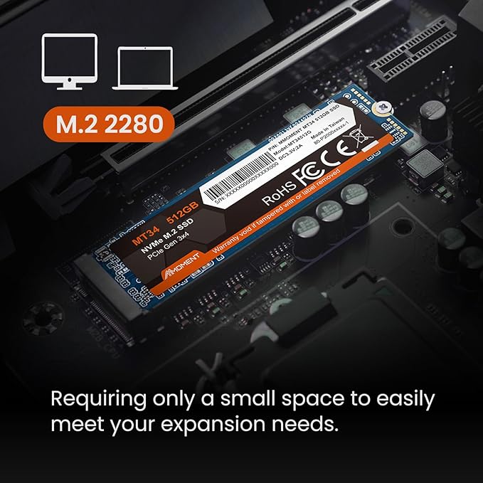 MMOMENT MT34 512GB SSD PCIe Gen3 NVMe M.2 2280 Internal Solid State Drive, Gen3.0X4, Read Speed up to 2000MB/s, for Laptop and PC Desktop