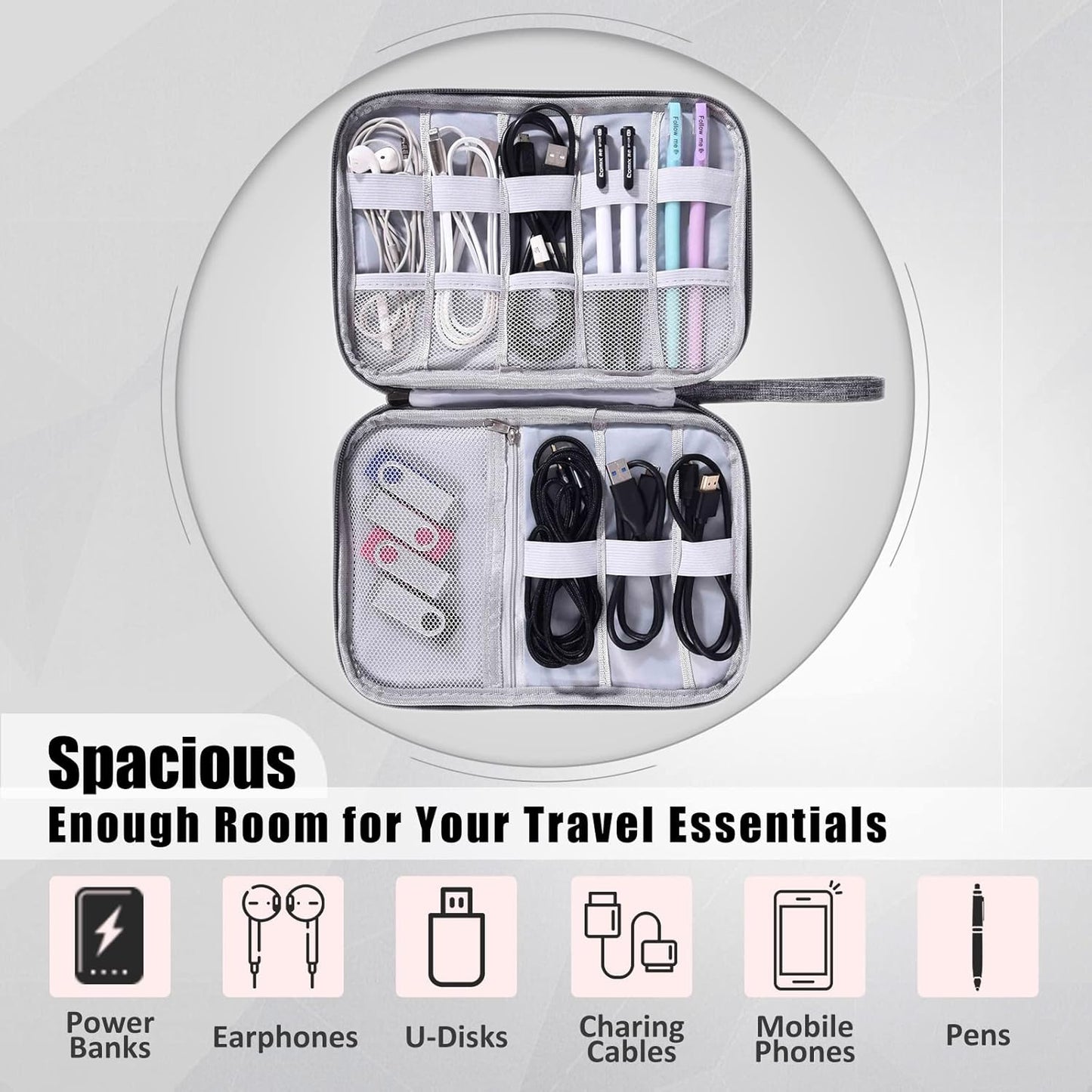 CILLA Travel Cord Organizer Case, Portable Waterproof Storage Bag for Charger, Cord, USB, Power Bank, Earphone, SD Card, Travel Essentials