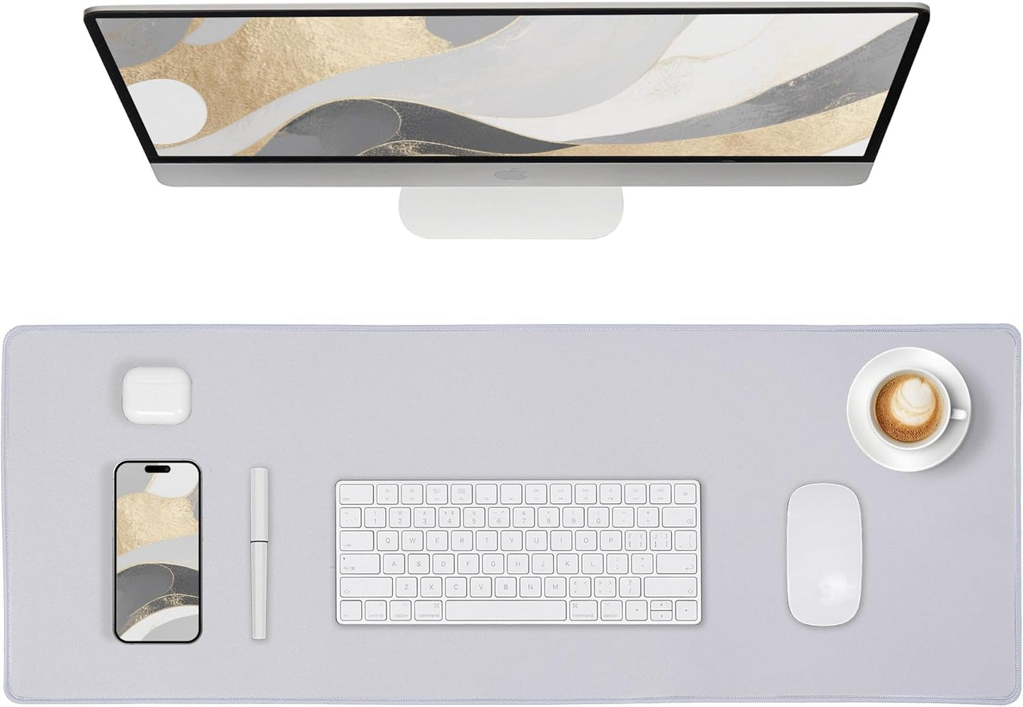 ALOANES Silvery Waterproof Desk Mat, Large Mouse Pad with Extended Mouse Mat, with Anti Slip Base, Stitched Edge, Grain Jacquard Surface, Perfect for Gamer, Office & Home, 3XL(15.74''x35.43''x0.12'')
