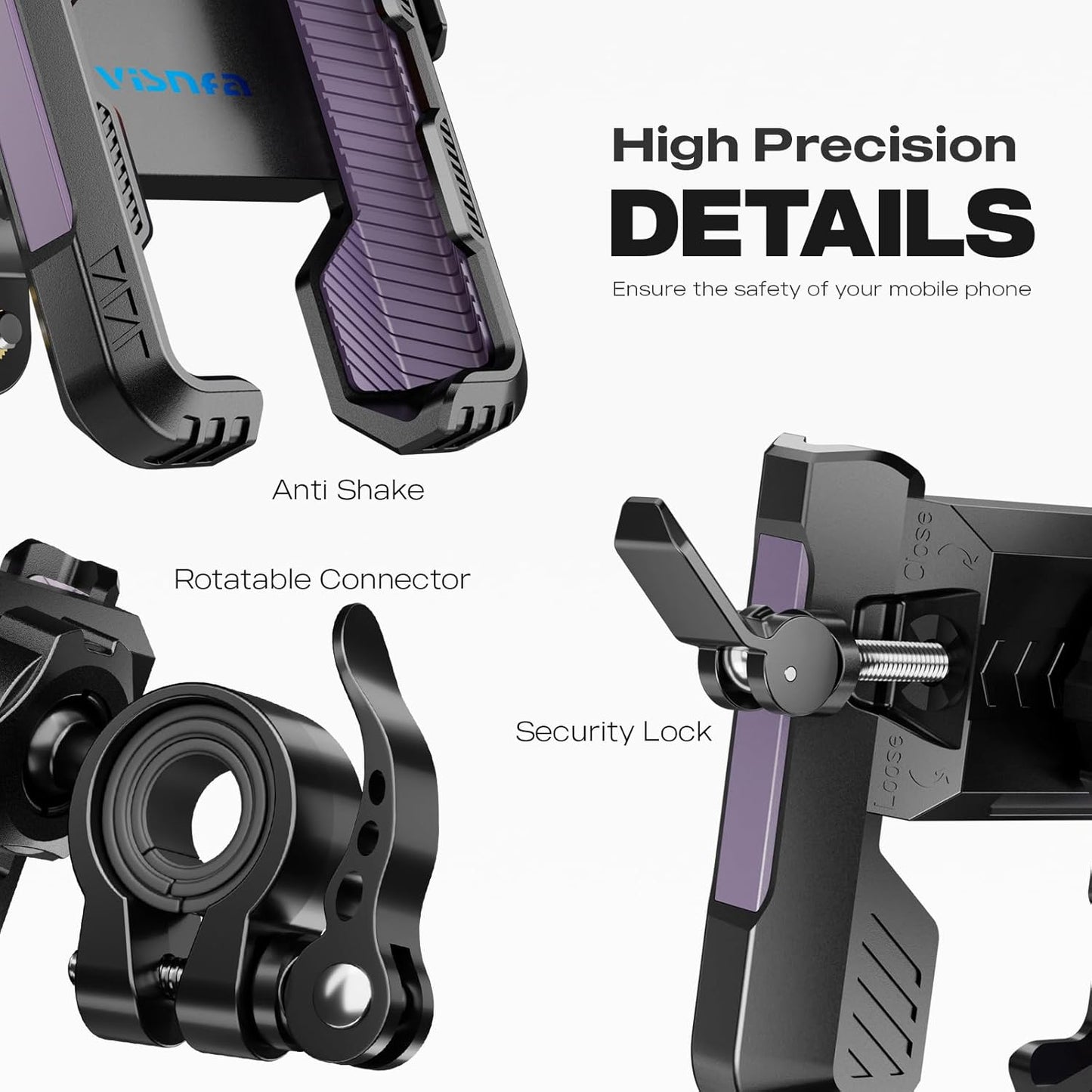 New Upgraded Bike Phone Mount Holder Two Connectors Quickly Lock and Release,360°Rotatable Bicycle Motorcycle Scooter Accessories Handlebar Phone Clip Suitable for 4.0"-7.0" Smartphone (Purple)