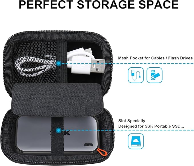 Lacdo Hard Carrying Case for SSK Portable SSD External Solid State Drives 250GB 500GB 1TB 2TB 4TB SSD External Hard Drive USB 3.2 Gen2 Hard EVA Shockproof Protective Storage Travel Bag, Black