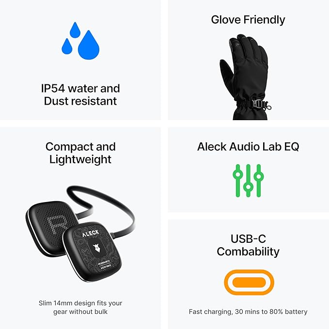ALECK Snow Series Pro Wireless Bluetooth Ski & Snowboard Helmet Speakers, Fits Audio-Ready Helmet Ear Pockets, Glove Friendly Controls, Built-in Mic for Hands-Free Calls
