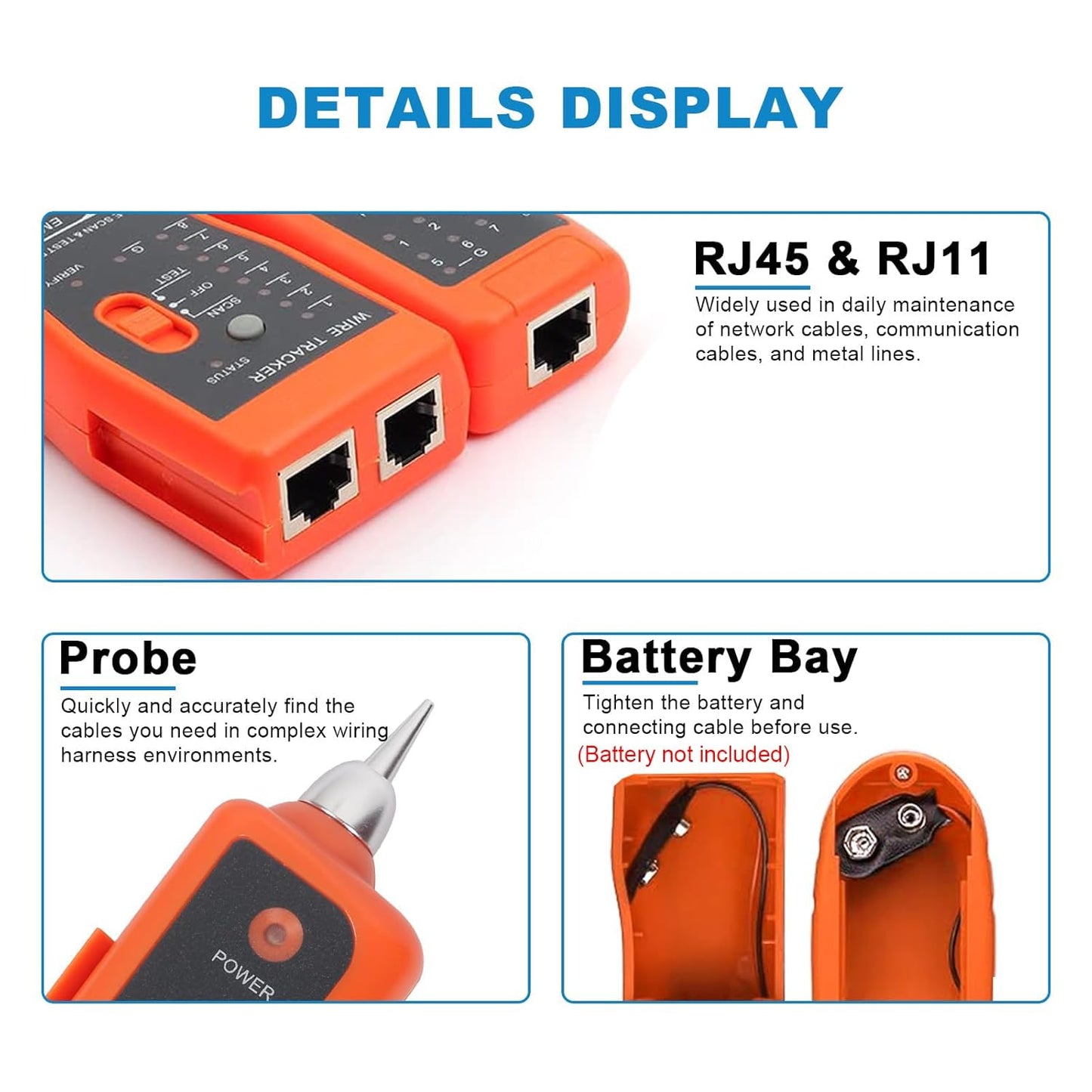 Goeco Ethernet Network Toner RJ11 RJ45 Network Cable Tester LAN Tracker Wire Finder Cat5 Cat6 with 2 Network Wire Stripper Toolkit Orange