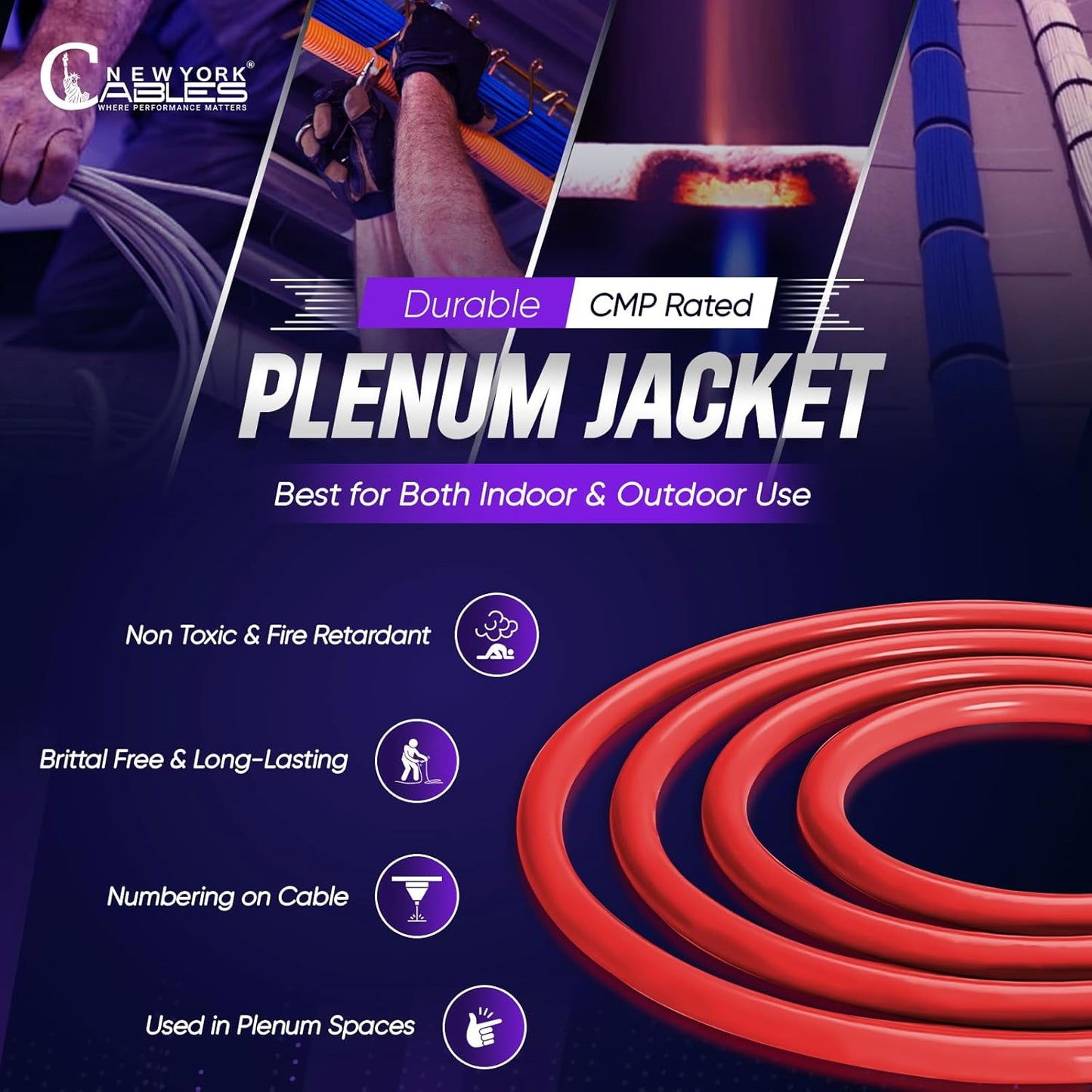 Newyork Cables Cat6a Plenum Cable 1000ft - Certified 100% Solid Pure Copper CAT6 A Ethernet Cable – 23 AWG, 750 MHz, PoE++ - Unshielded Twisted Pair - Cat 6a 10 GB High Speed for Networking & Gaming