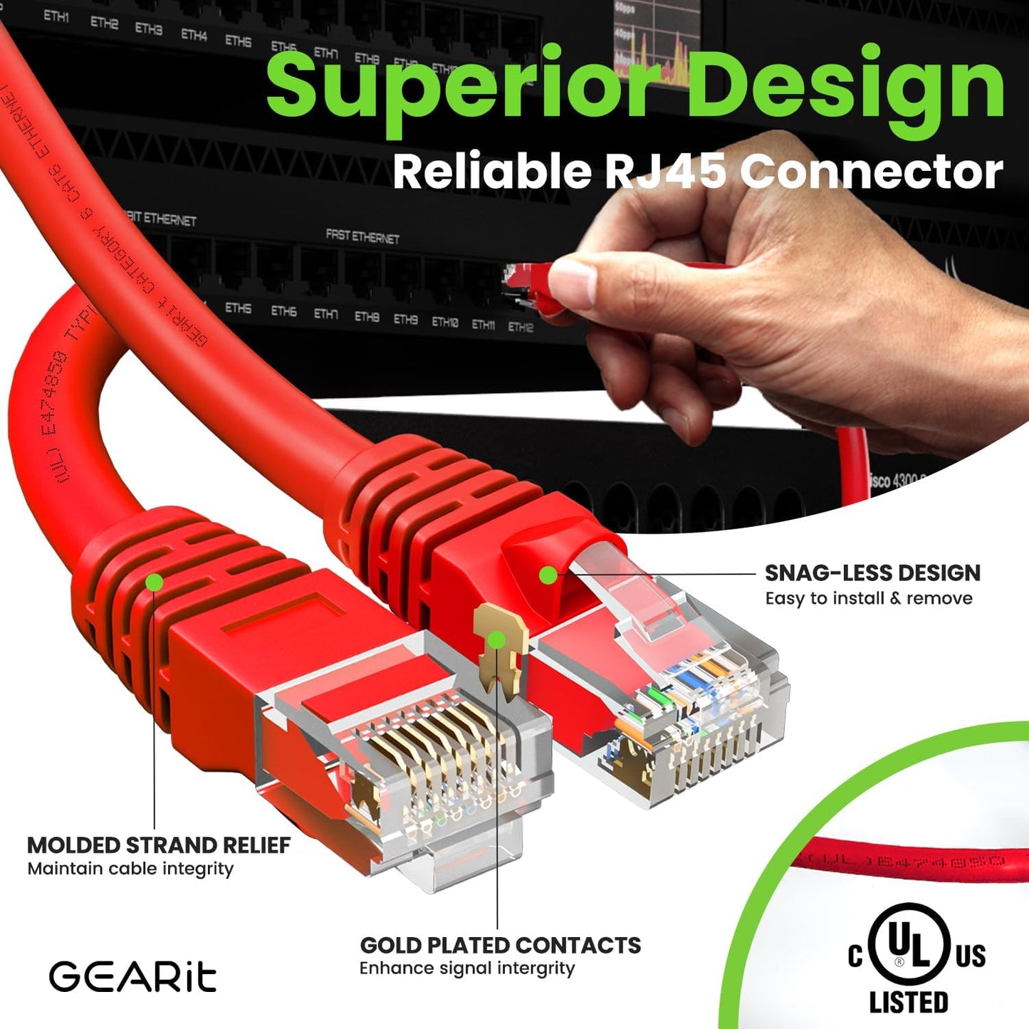 GearIT Cat 6 Ethernet Cable (10-Pack 6 Feet) Cat6 Network Patch, 10Gbps, RJ45, Snagless Cord, Gold-Plated Connectors, Internet for PC, TV, Tablet, Router, Printer, Servers, IT Data Center - Red