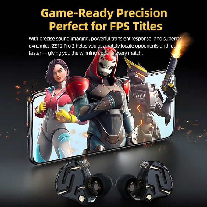 KZ ZS12 PRO 2 in Ear Monitor Headphones, 5BA+1DD 6 Hybrid Driver Gaming Earbuds Wired Earphones, HiFi Clarity Sound Immersive Bass IEMs for Gaming Musicians Singers Audiophiles (Black with Microphone)