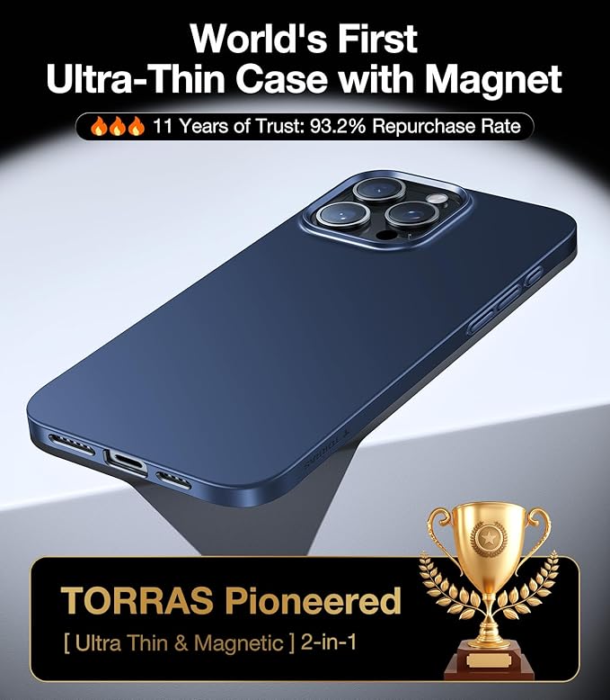 TORRAS Magnetic Slim Fit for iPhone 16 Pro Case 6.3 inch, Ultra-Thin 16 Pro Case Compatible with MagSafe, Lightweight Matte Anti-Scratch Hard PC Cover Phone Case for iPhone 16 Pro OriginFit, Blue