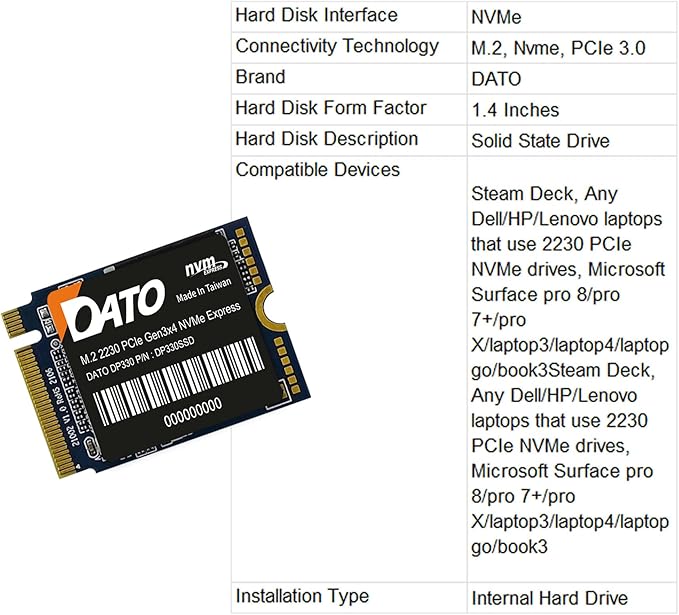 DATO 1TB SSD M.2 2230, NVMe 1.3 PCIe Gen3x4, Internal Solid State Drive, Up to 2500/1700 MB/s, DP330 Series