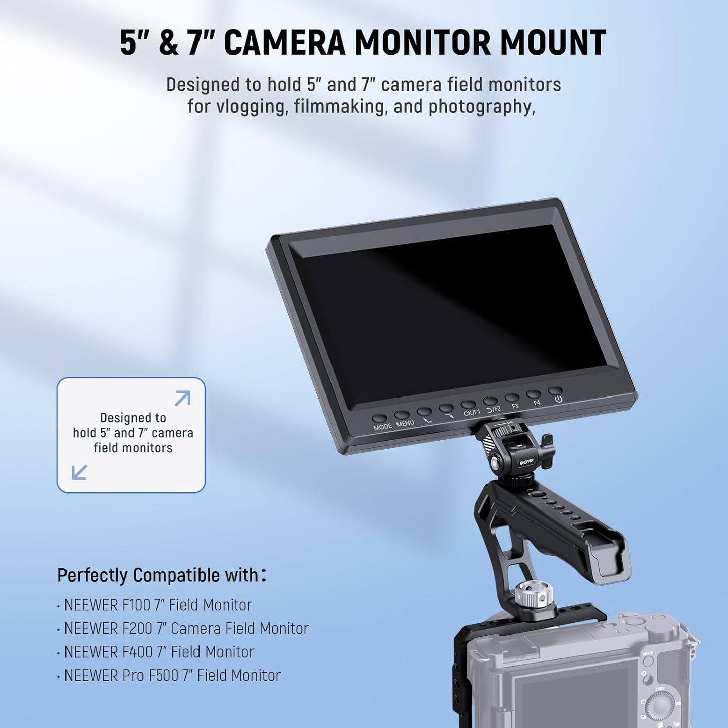 NEEWER Field Monitor Mount Holder with Cold Shoe 360 Swivel 180 Tilt Anti Twist Screw Compatible with Atomos Ninja 5" & 7" Camera Monitor, SmallRig Camera Cage, MA019