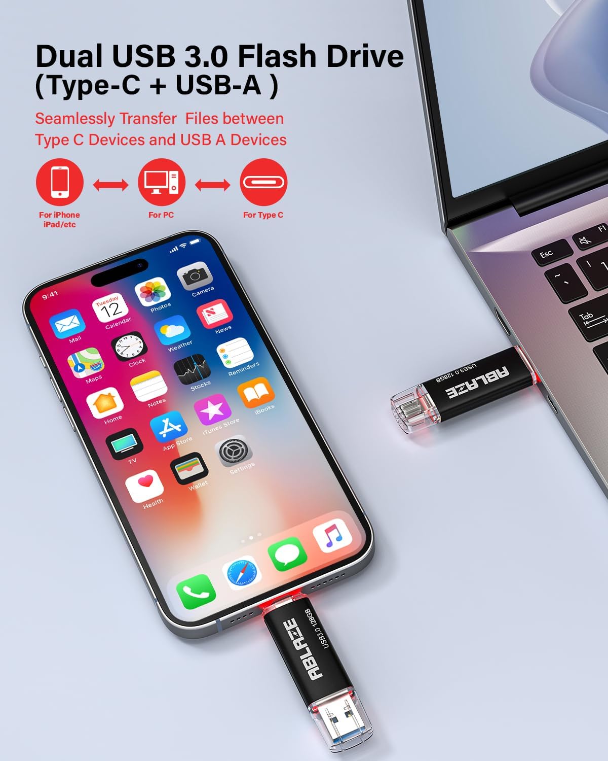 ABLAZE Type C Flash Drive 128GB, Dual USB 3.0+ USB C Flash Drive Compatible with iPhone 16/15,Android Smartphone,Computer,Tablet Mac Laptop