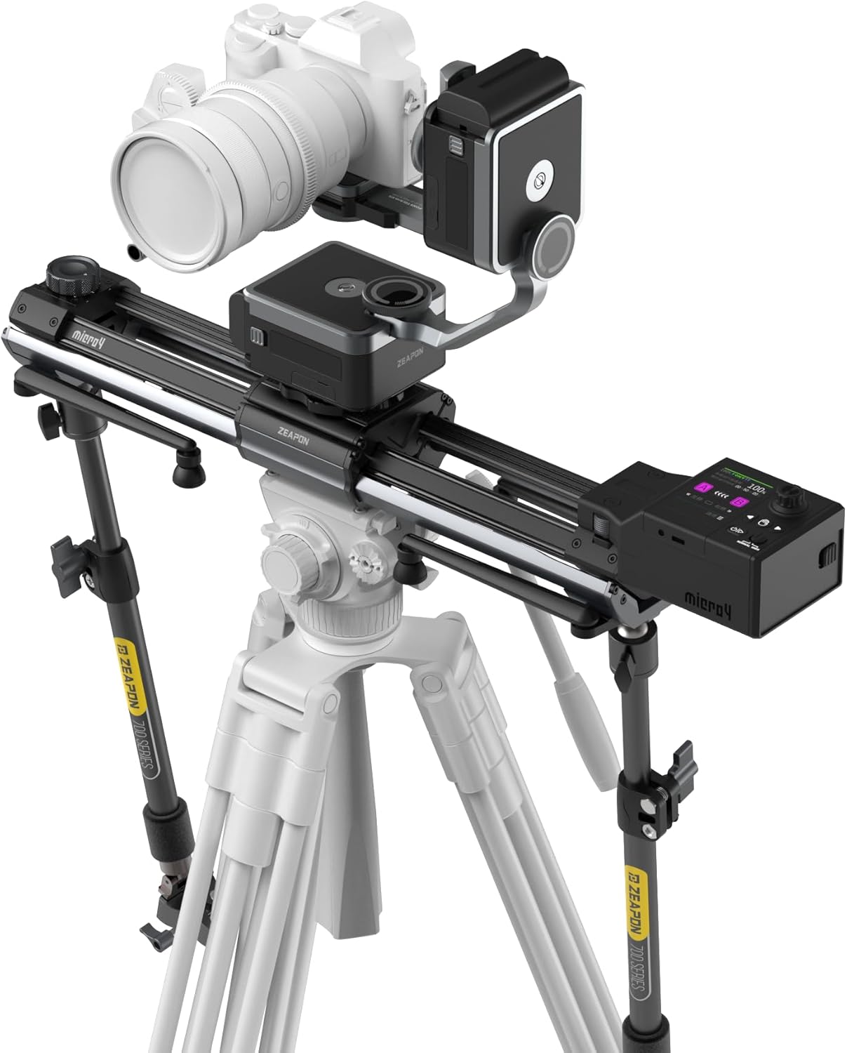 Zeapon Micro4 E700 & PONS PT Heads Double Distance Motorized Camera Slider, High-Speed Low Noise Motor 10-26Lbs Payload, 33''/77cm, LCD Screen, App Control, Smooth Damping Design