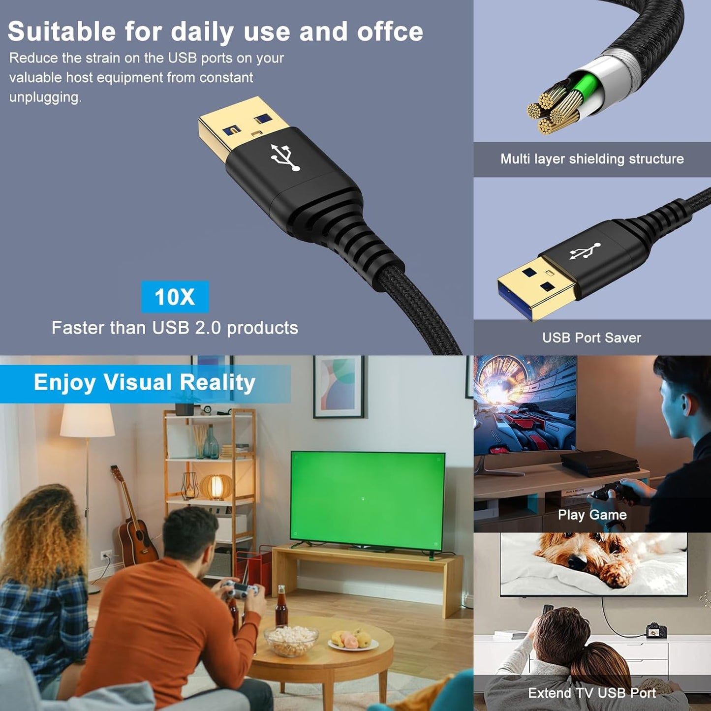 USB Extension Cable 6FT, 2 Pack USB Extender High Speed USB3.0 Extension Cord Type A Male to Female Extender Cord for Webcam,Camera,Printer,Headset,Keyboard,Flash Drive,Mouse,Xbox,PS4,Hard Driver,Hub
