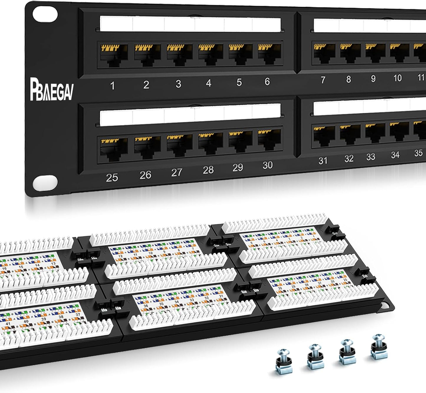 Patch Panel 48 Port Cat6【EC Listed】 2U Network Patch Panel Rackmount Punch Down19 inch RJ45 for 10 Gigabit Network,110 or Krone Impact Tools Compatible Without Cable Management(Cat6)
