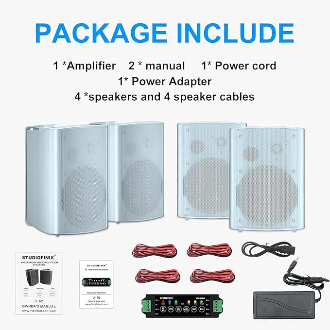 STUDIOFINIX 800W 6.5 Inch Bluetooth Outdoor Speakers Waterproof Wired with Multifunctional Amplifier Wall Mount Weatherproof Loudspeaker System for Patio Garden Poolside Home(4 Speakers,White)