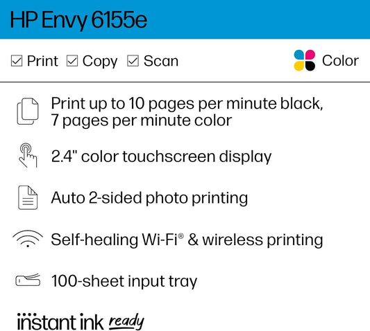 HP Envy 6155e Wireless All-in-One Color Inkjet Printer, Print, scan, Copy, Duplex Printing Best-for-Home, 3 month Instant Ink trial included (714L5A)