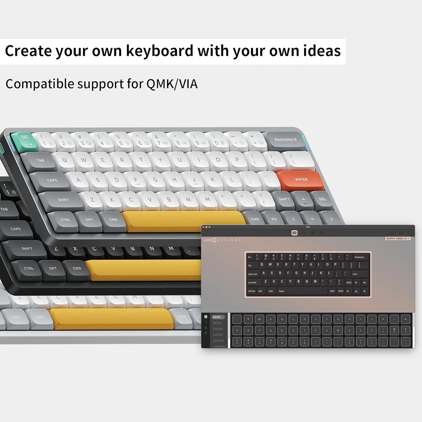 nuphy Air60 V2 Portable Wireless Keyboard 60% Low Profile Mechanical Keyboard Support QMK/VIA Compatible with windows/mac OS/Linux Supports Bluetooth 5.1/2.4GHz/wired (USB-C) Grey-Gateron Brown Switch