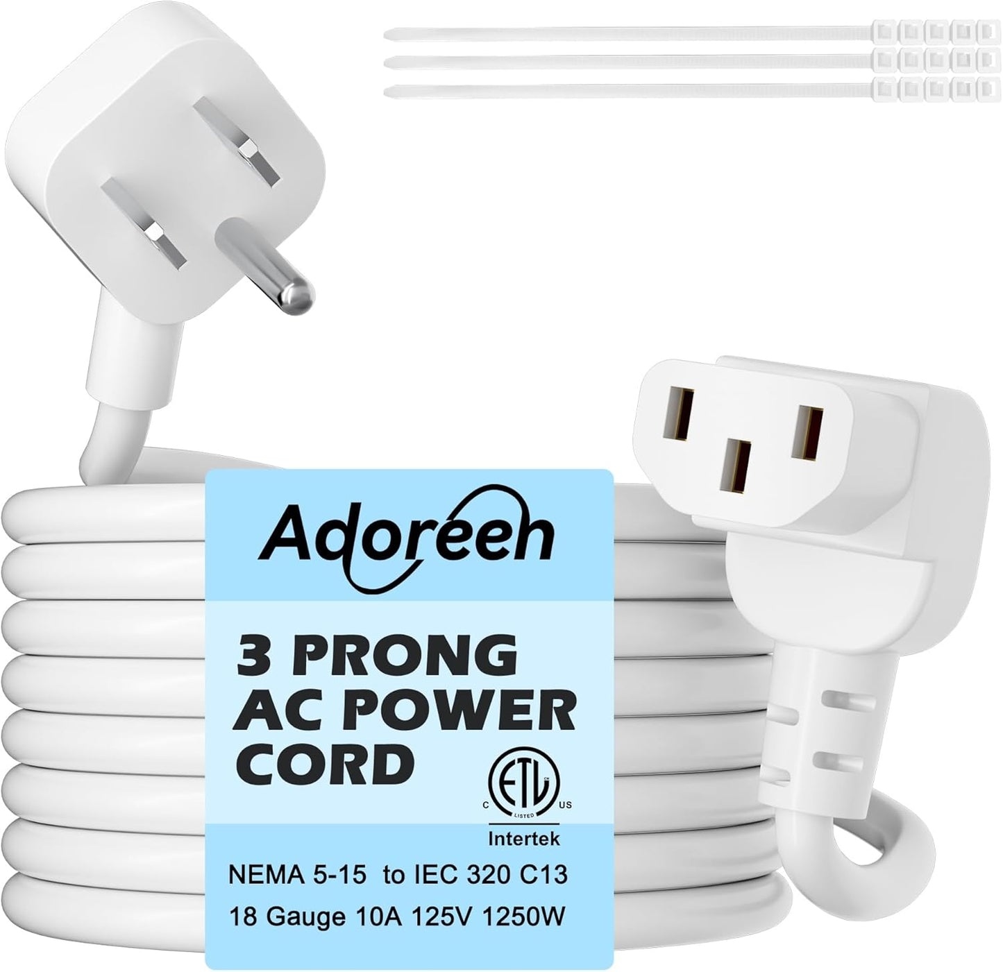 Adoreen 4 Ft Computer TV Replacement Power Cord White, Low Profile Flat Plug to 90 Degree Angled L-Shaped 18AWG 3-Prong AC Universal Power Supply Cable for Printer, PC, Monitor TV LCD, ETL+Ties