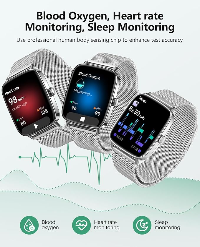 SOUYIE Smart Watch for Women Men, 1.85" AI Voice Smartwatch, 24/7 Heart Rate Monitor, Stress/SpO2/Sleep Tracker, IP68 Waterproof, Weather, 100+ Sports Fitness Tracker for Android iOS Silver Metal