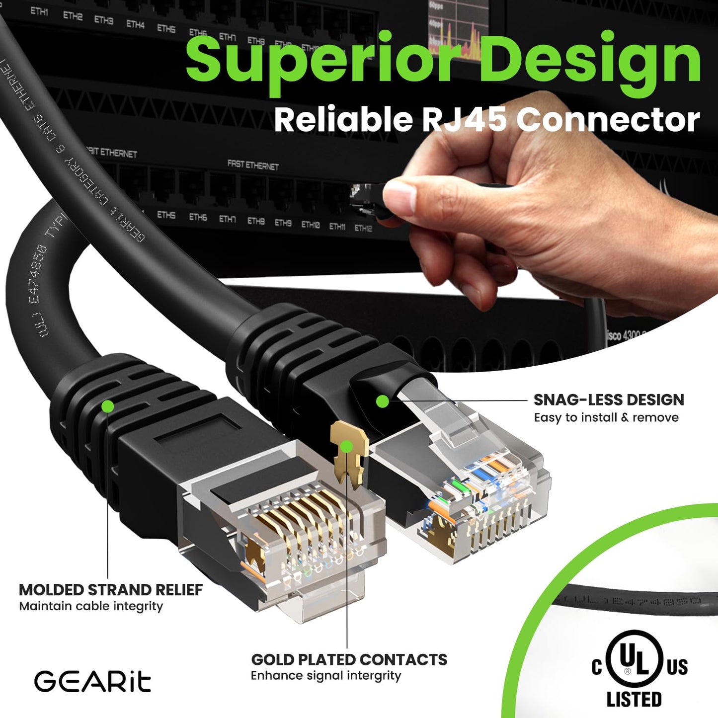 GEARit Cat 6 Ethernet Cable Pack - 10-Pack 15 ft Cat6 Ethernet Patch Cables | RJ45 Network Patch Cable, 10 Gbps Snagless Gold-Plated Connectors - Ethernet Cable Cat 6 for PC, TV, Router - Black