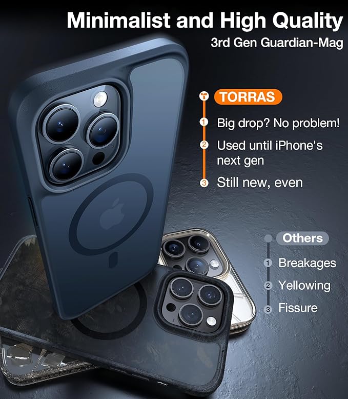 TORRAS for iPhone 13 Pro Max Case [Fit for MagSafe][12FT Military Grade Drop Tested] Magnetic Translucent Shockproof Slim Tough Anti-Fingerprint Case for iPhone 13 Pro Max, Black