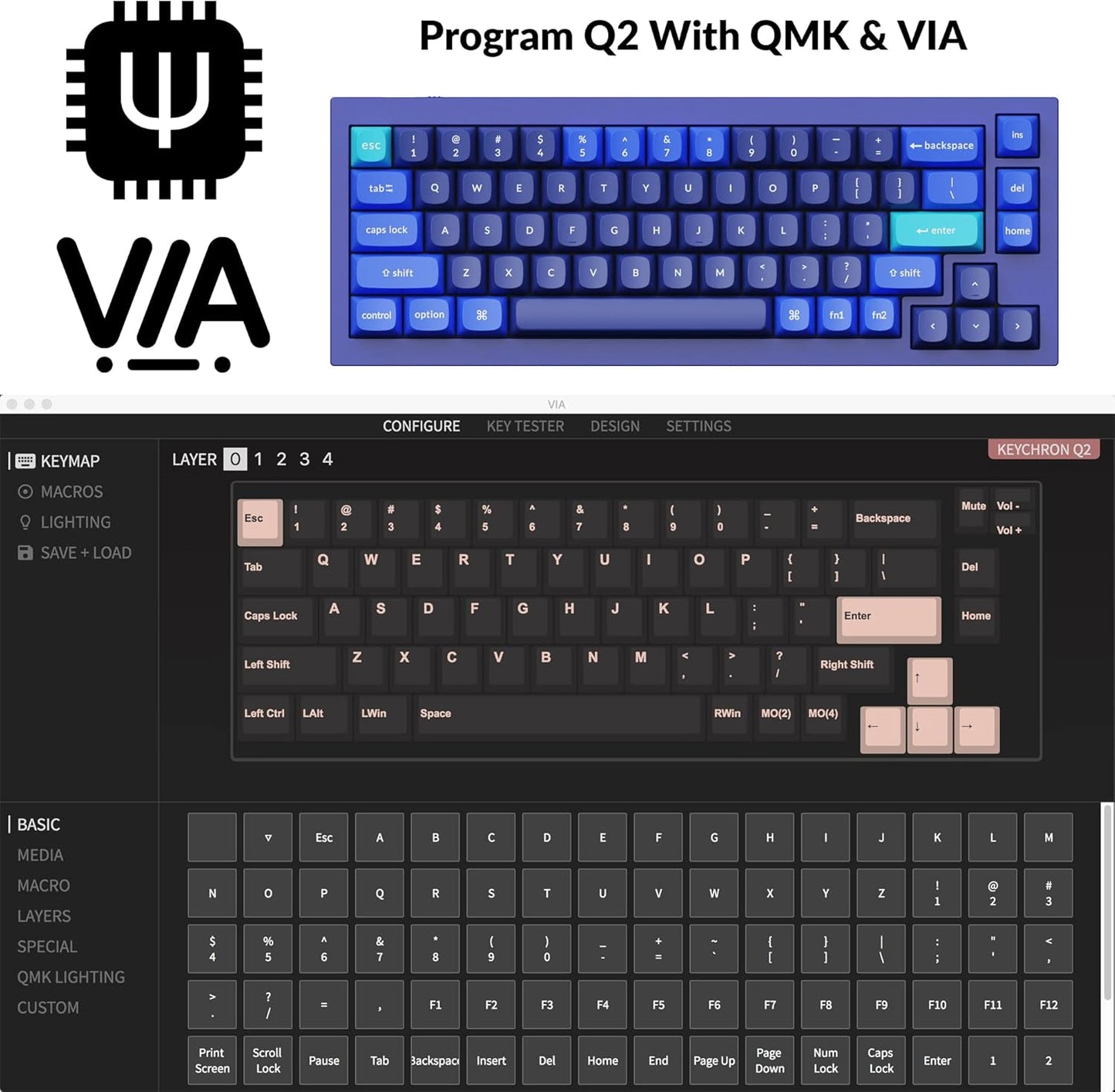 Keychron Q2 Wired Custom Mechanical Keyboard, QMK/VIA Programmable Macro, Full Aluminum, Hot-Swappable Gateron G Pro Brown Switch, 65% Layout Double Gasket Compatible with Mac and Windows - Blue
