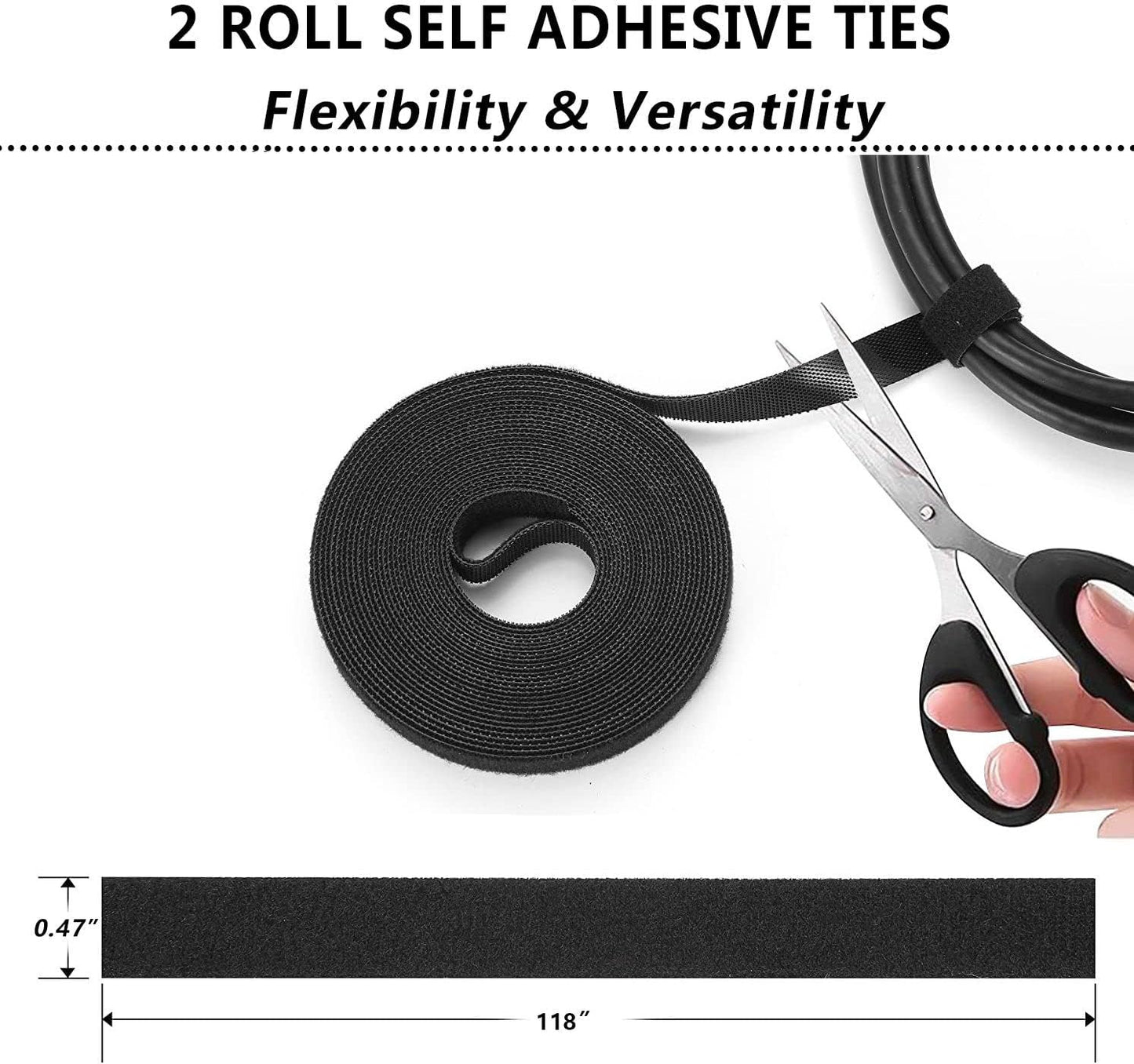 Cord Management Organizer Kit 4 Cable Sleeve split with 41Self Adhesive Cable Clips Holder, 10pcs and 2 Roll Self Adhesive tie and 100 Fastening Cable Ties for TV Office Car Desk Home