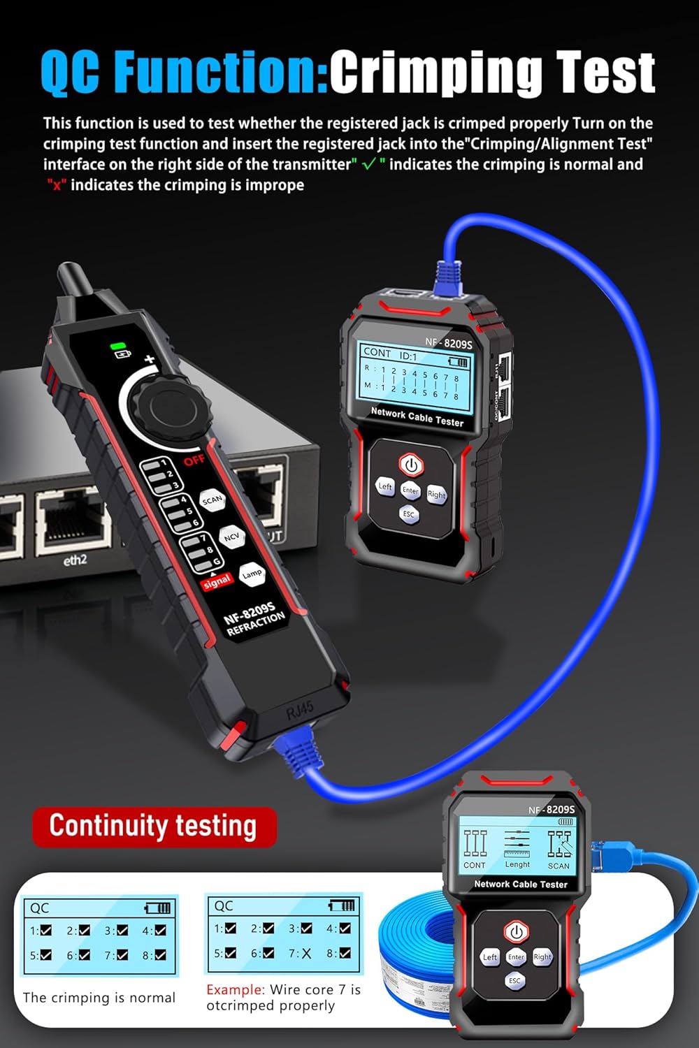 NF-8209S Network Cable Tester, RJ45 Ethernet Tester for POE/Cat5/Cat7/Cat6a/Cat6/Cat5e, Wire Mapper, Length, Open/Short, Wire Fault Locator, Ethernet LAN Network Toner Tool