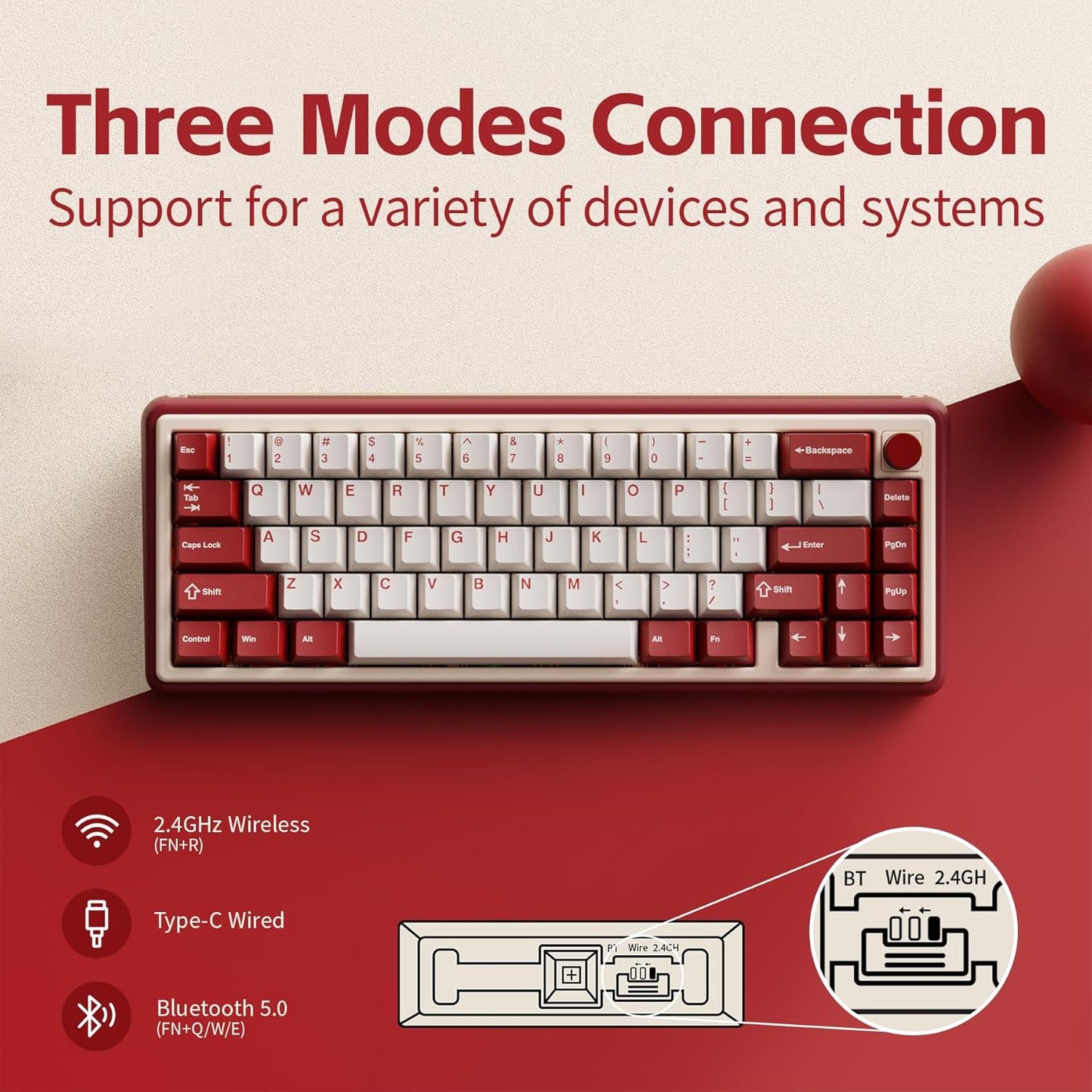 Chilkey Foxy65 Mechanical Keyboard with Knob, Gasket Mount 65% Aluminum Wireless Mechanical Keyboard, BT5.0/2.4GHz/USB-C, Hot Swappable, RGB Backlit Computer Custom Key Board for PC